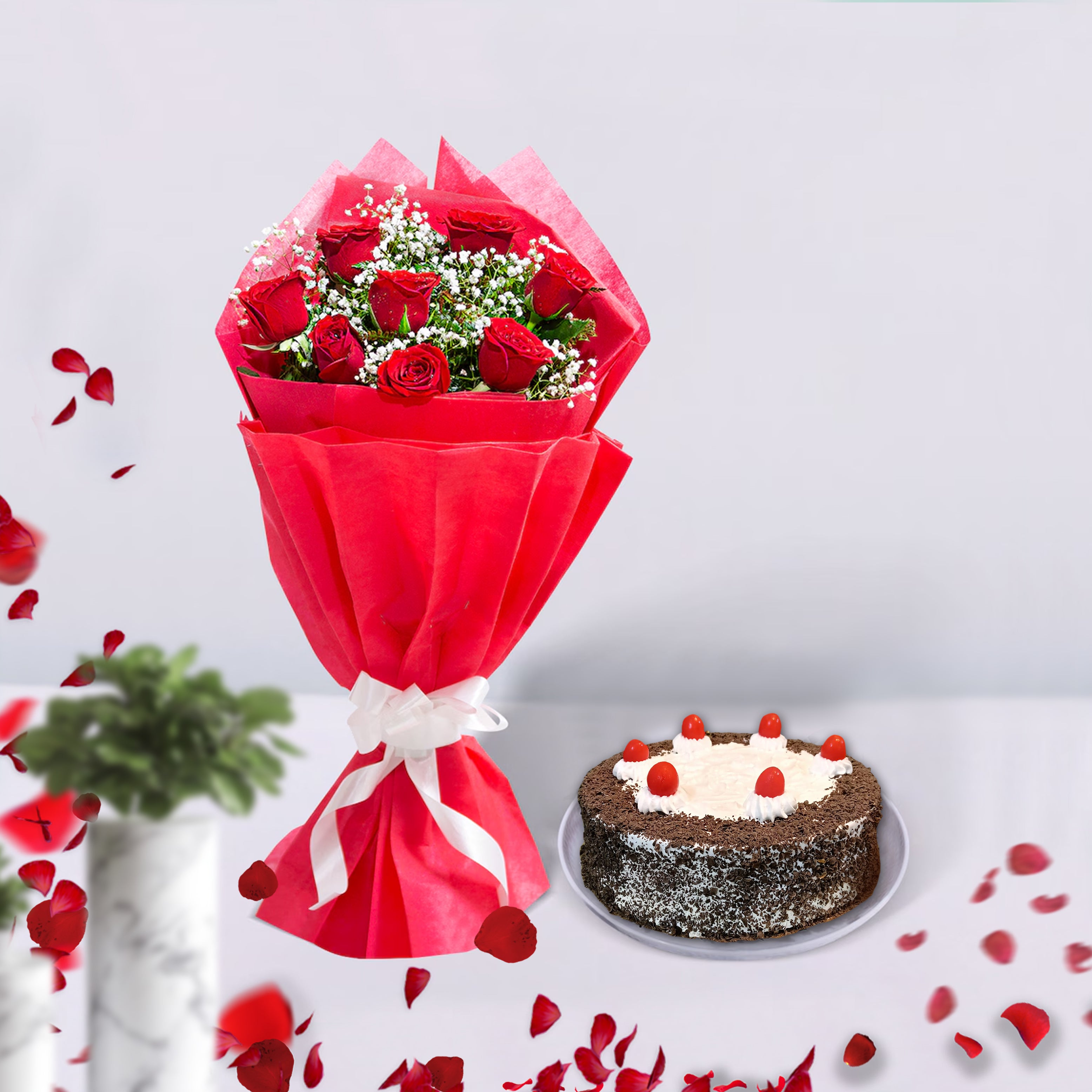 Express Love - 8 Red Roses with Black Forest Cake