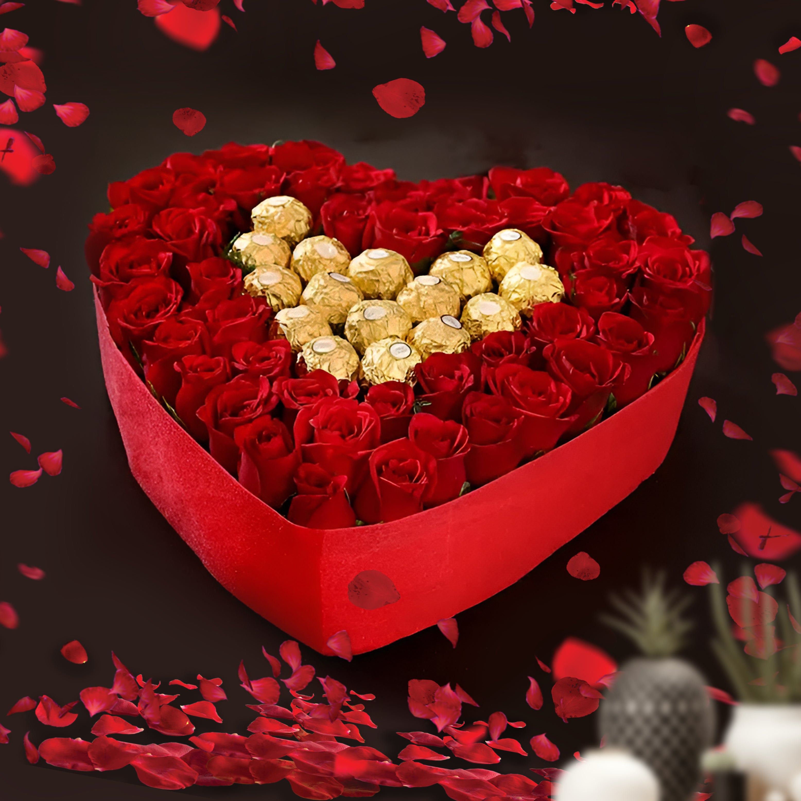 Heart of Gold - 50 Red Roses and Ferrer Rocher Heart Shape