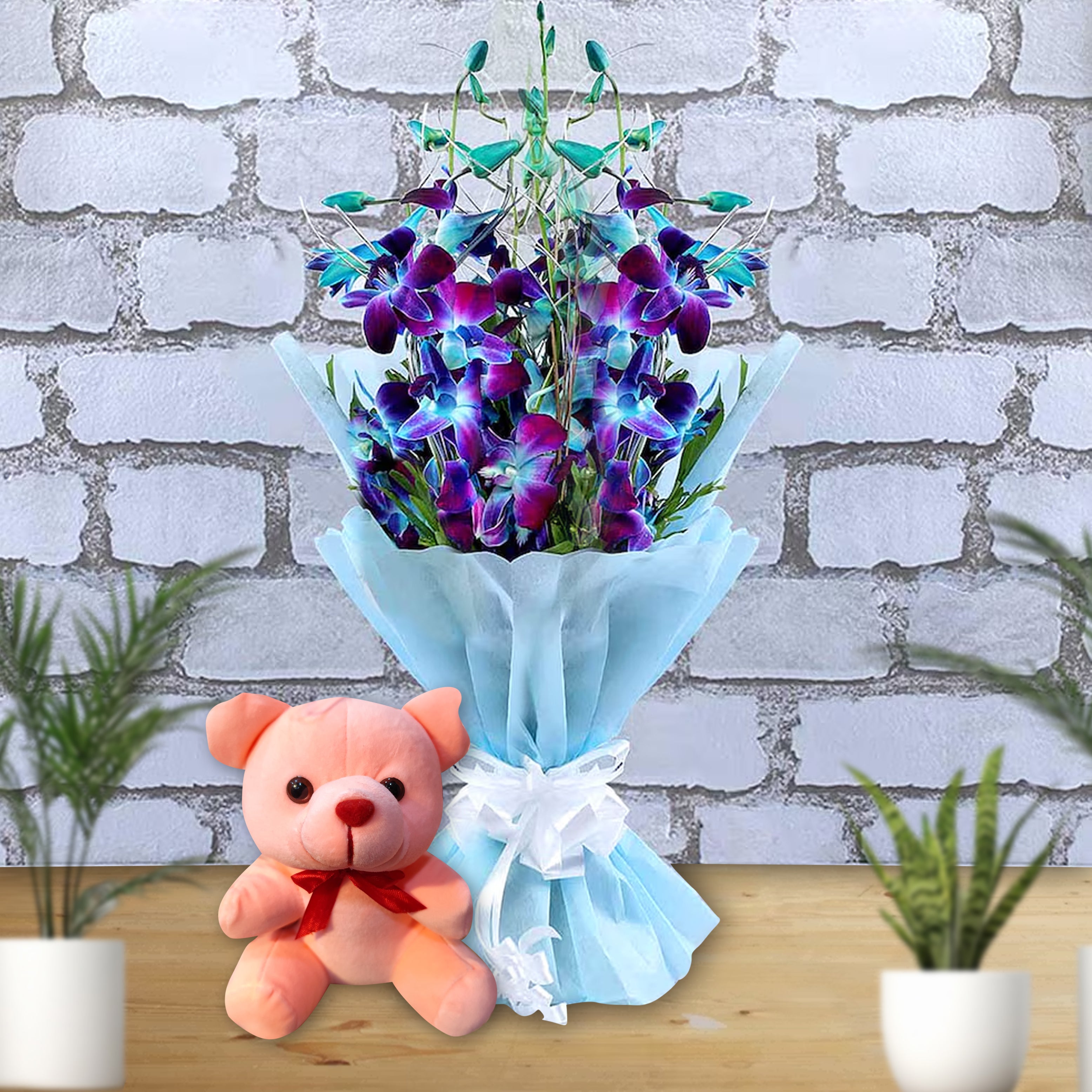Blue Bliss - 6 Blue Orchids with 6 Inch Teddy