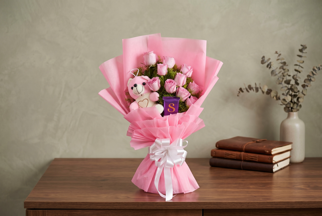 Sweetheart Combo - 10 Pink Roses, Teddy & Silk Chocolate Bouquet