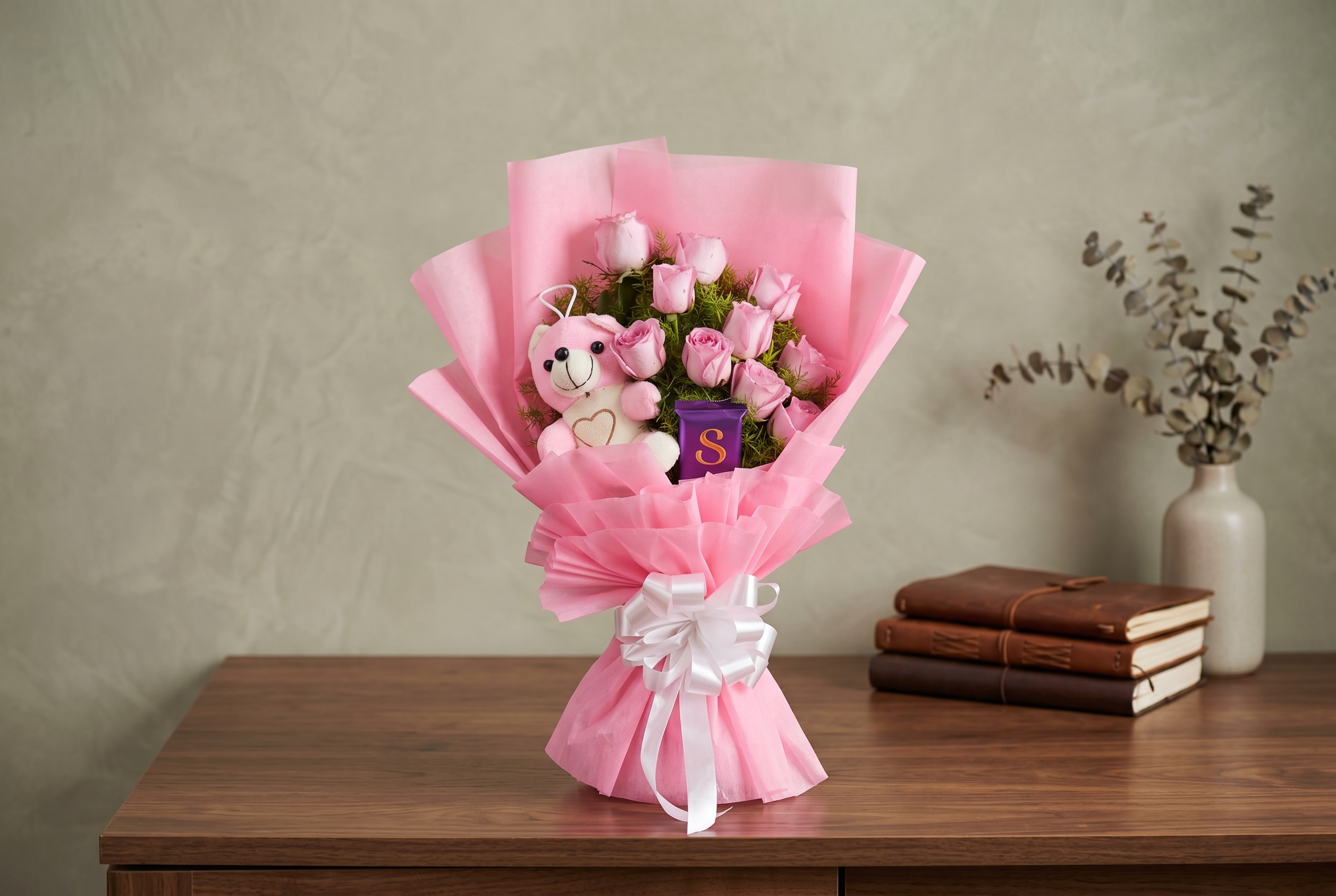 Sweetheart Combo - 10 Pink Roses, Teddy & Silk Chocolate Bouquet