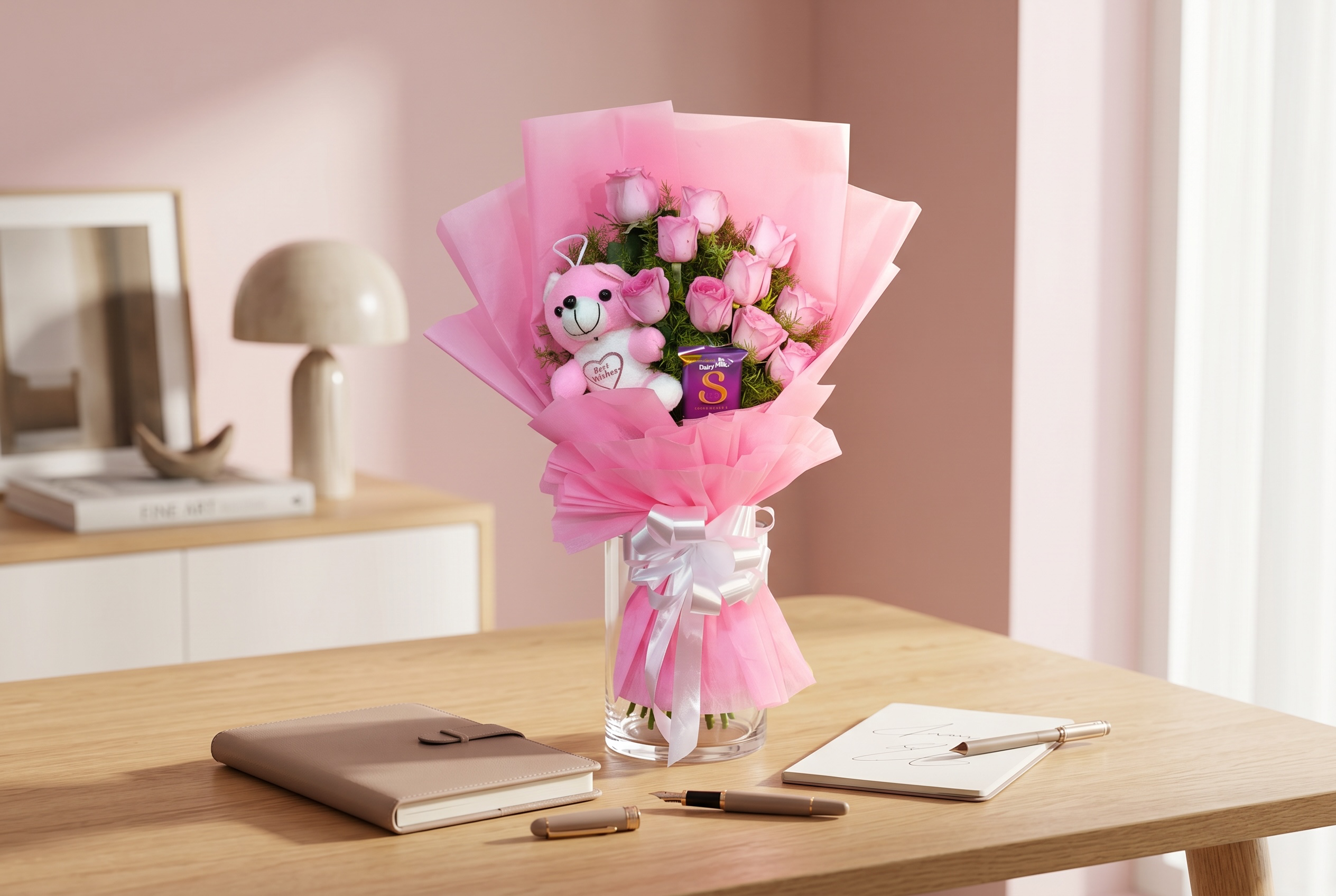 Sweetheart Combo - 10 Pink Roses, Teddy & Silk Chocolate Bouquet