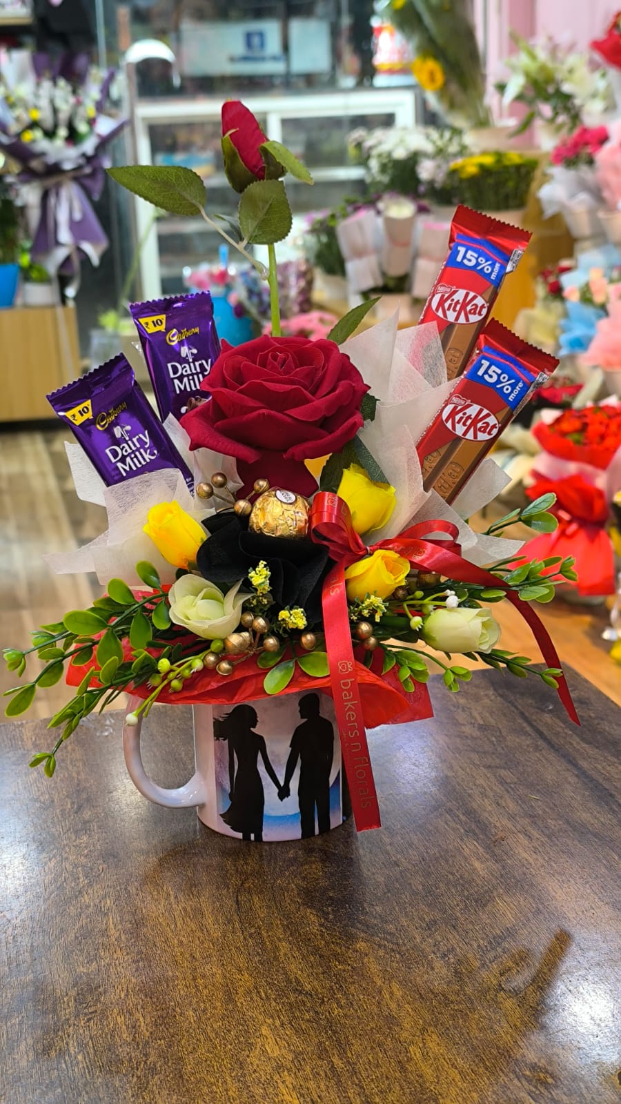 Couple Mug Gift Hamper – Chocolates & Artificial Roses Arrangement