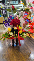 Couple Mug Gift Hamper – Chocolates & Artificial Roses Arrangement
