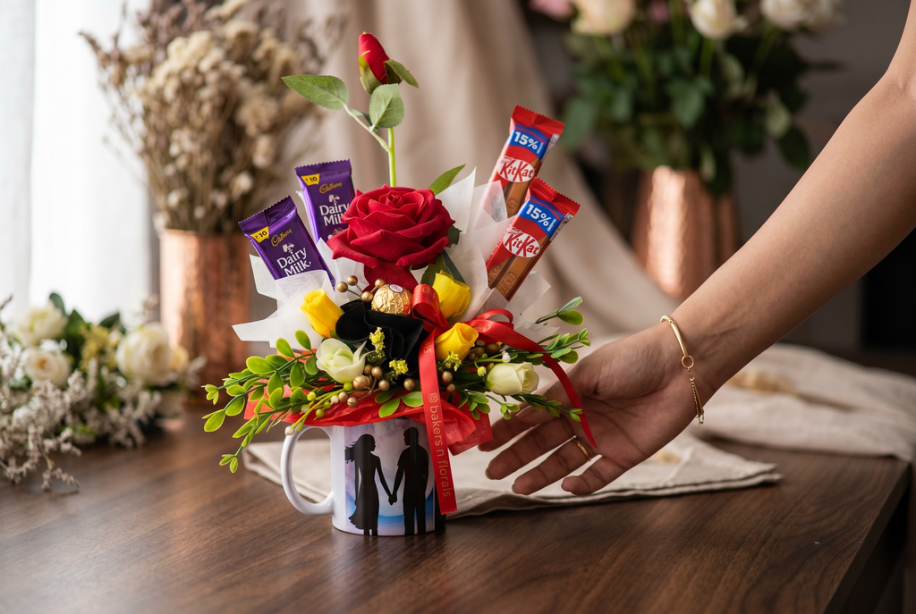 Couple Mug Gift Hamper – Chocolates & Artificial Roses Arrangement