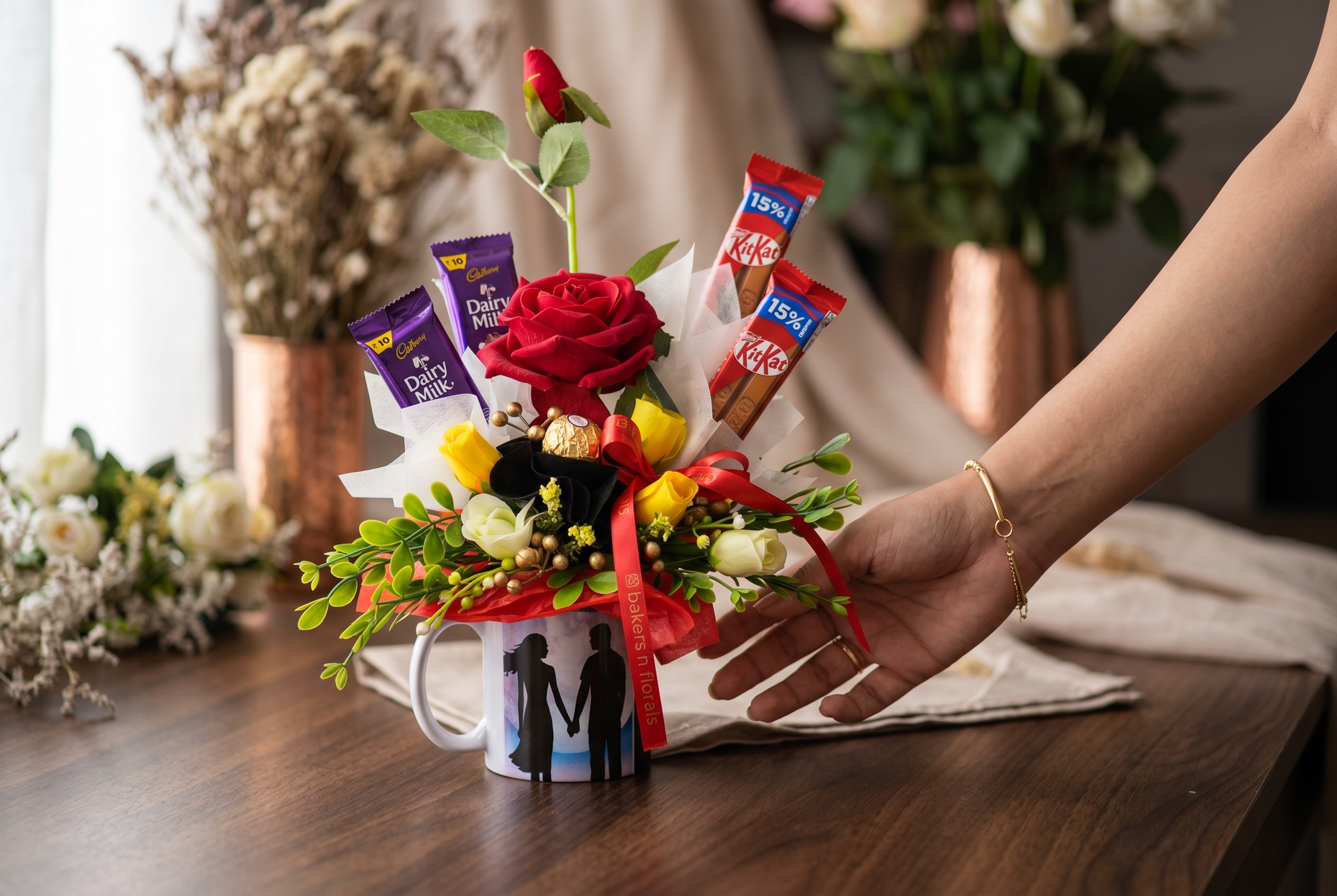 Couple Mug Gift Hamper – Chocolates & Artificial Roses Arrangement