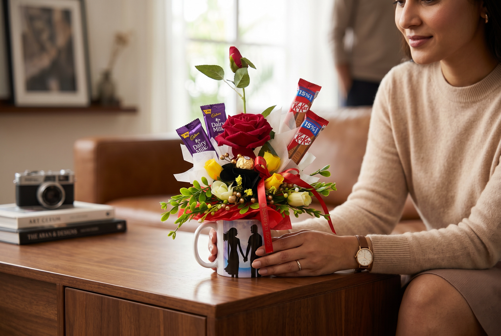 Couple Mug Gift Hamper – Chocolates & Artificial Roses Arrangement