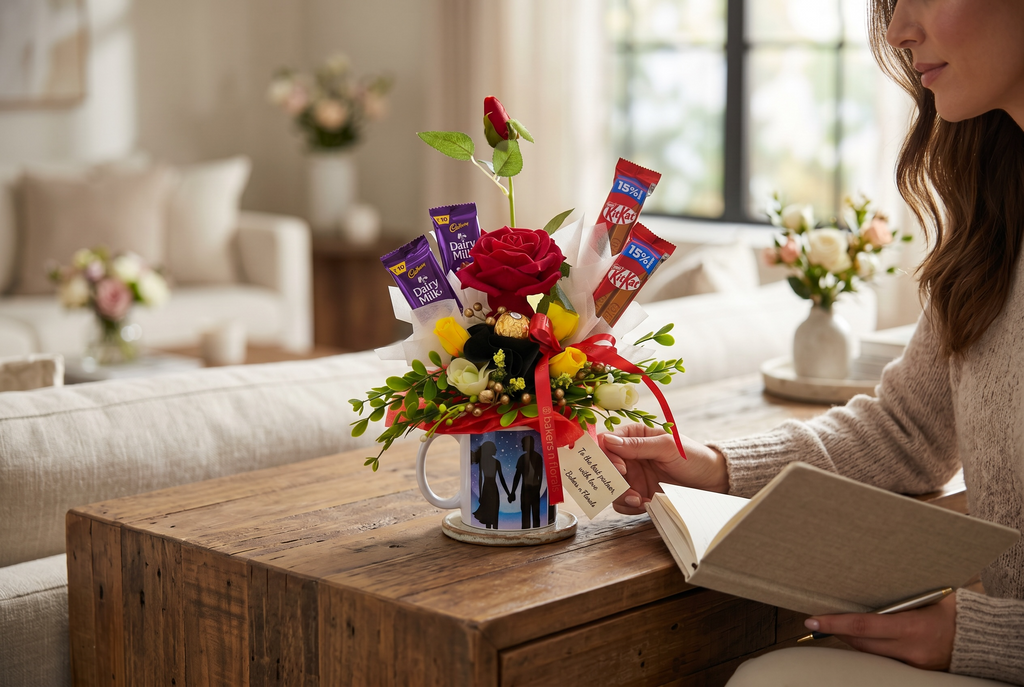 Couple Mug Gift Hamper – Chocolates & Artificial Roses Arrangement