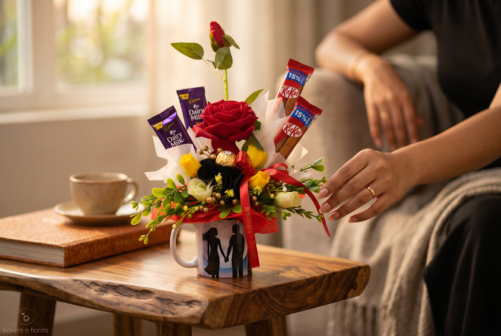 Couple Mug Gift Hamper – Chocolates & Artificial Roses Arrangement