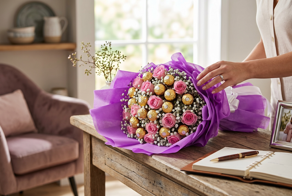 Roses & Rocher Luxury Bouquet - 20 Ferrero Rocher with 15 Pink Roses