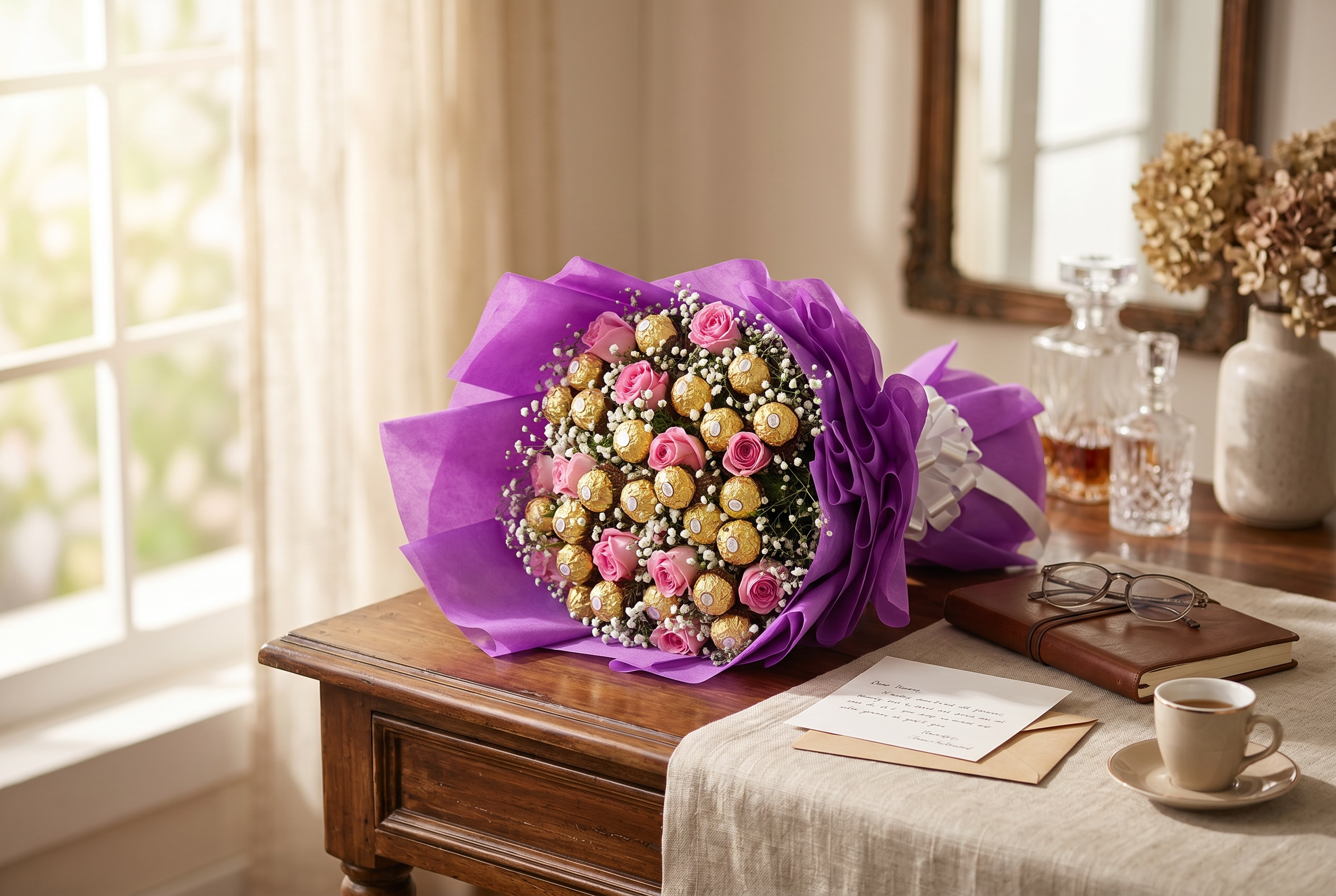 Roses & Rocher Luxury Bouquet - 20 Ferrero Rocher with 15 Pink Roses