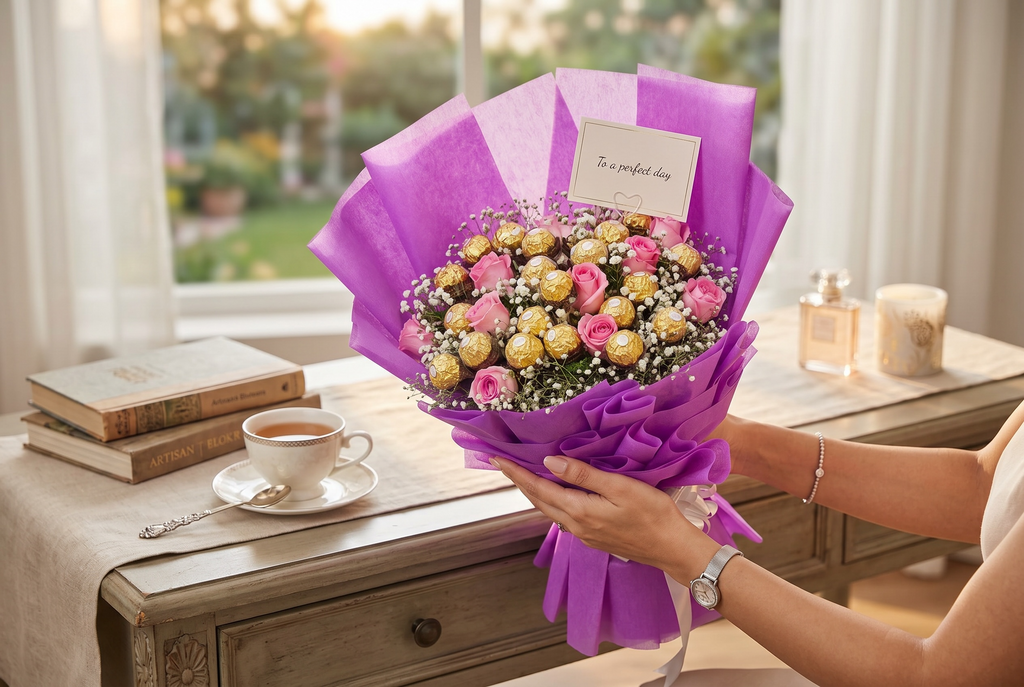 Roses & Rocher Luxury Bouquet - 20 Ferrero Rocher with 15 Pink Roses