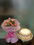 Pink Perfection - 10 Pink Roses with Butterscotch Cake