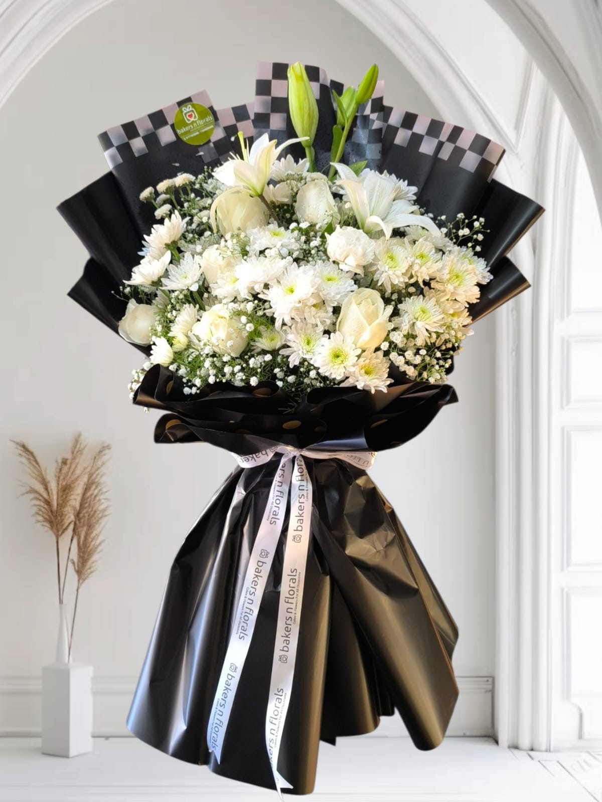 Pure Elegance - White Flowers in Black Wrap