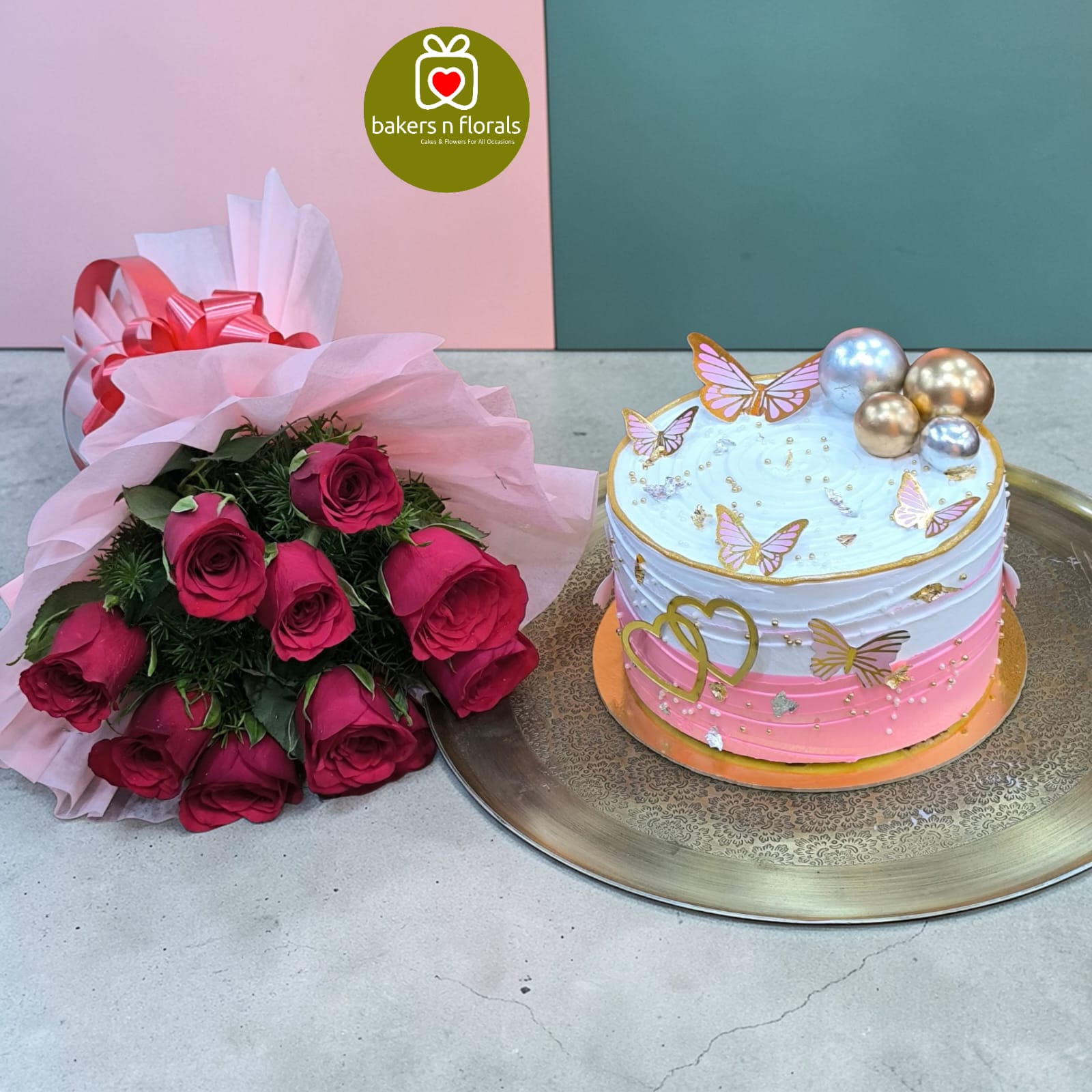 Sweet Celebration - 10 Red Roses with Butterflies Butterscotch Cake