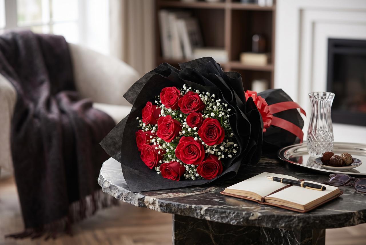 Midnight Romance - 10  Red Roses Bouquet
