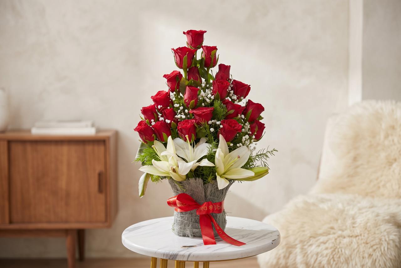 Grand Red 20 Red Roses  & 2 Lily Glass Vase Arrangment