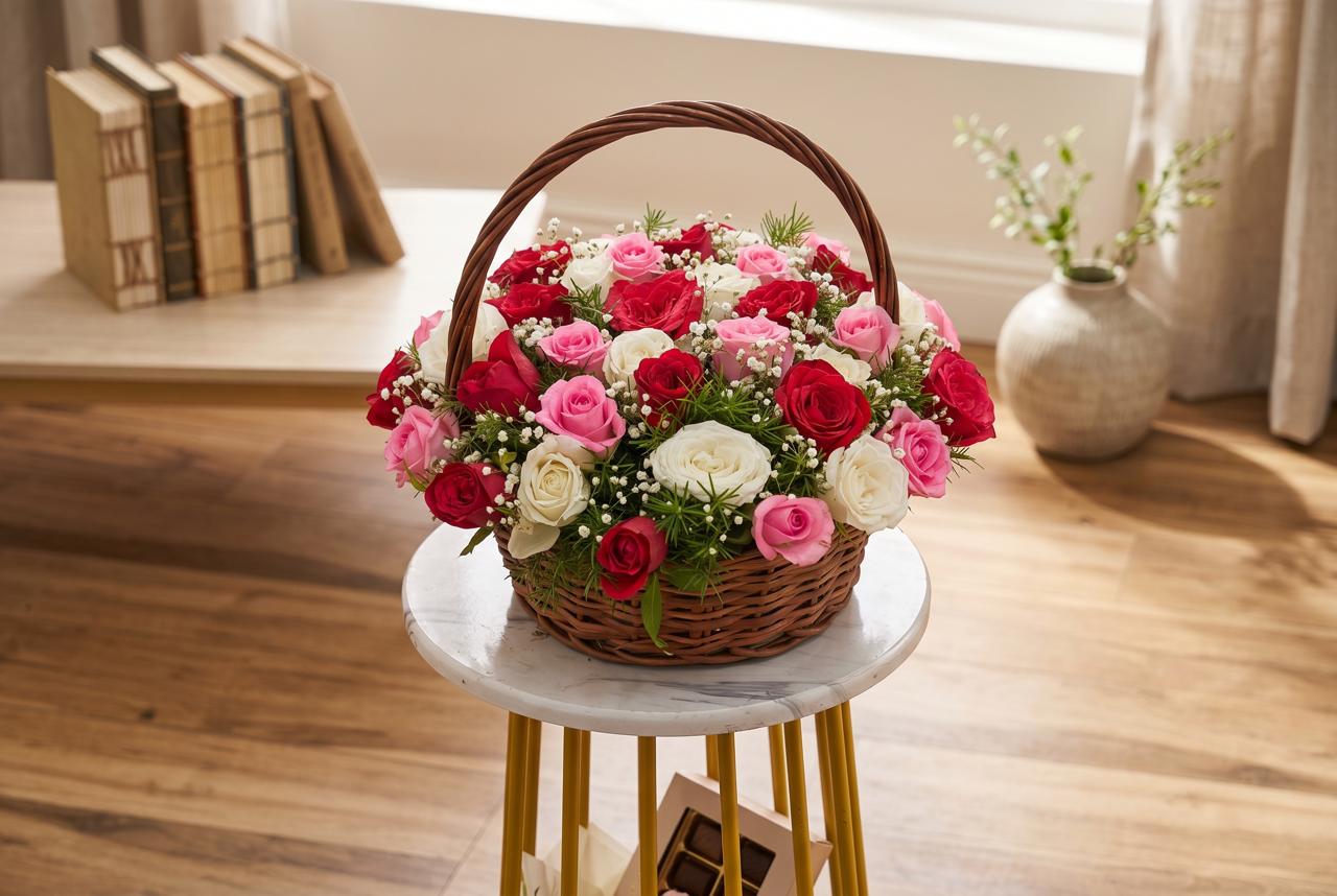 Blushing Basket - 20 Mixed Roses Arrangement