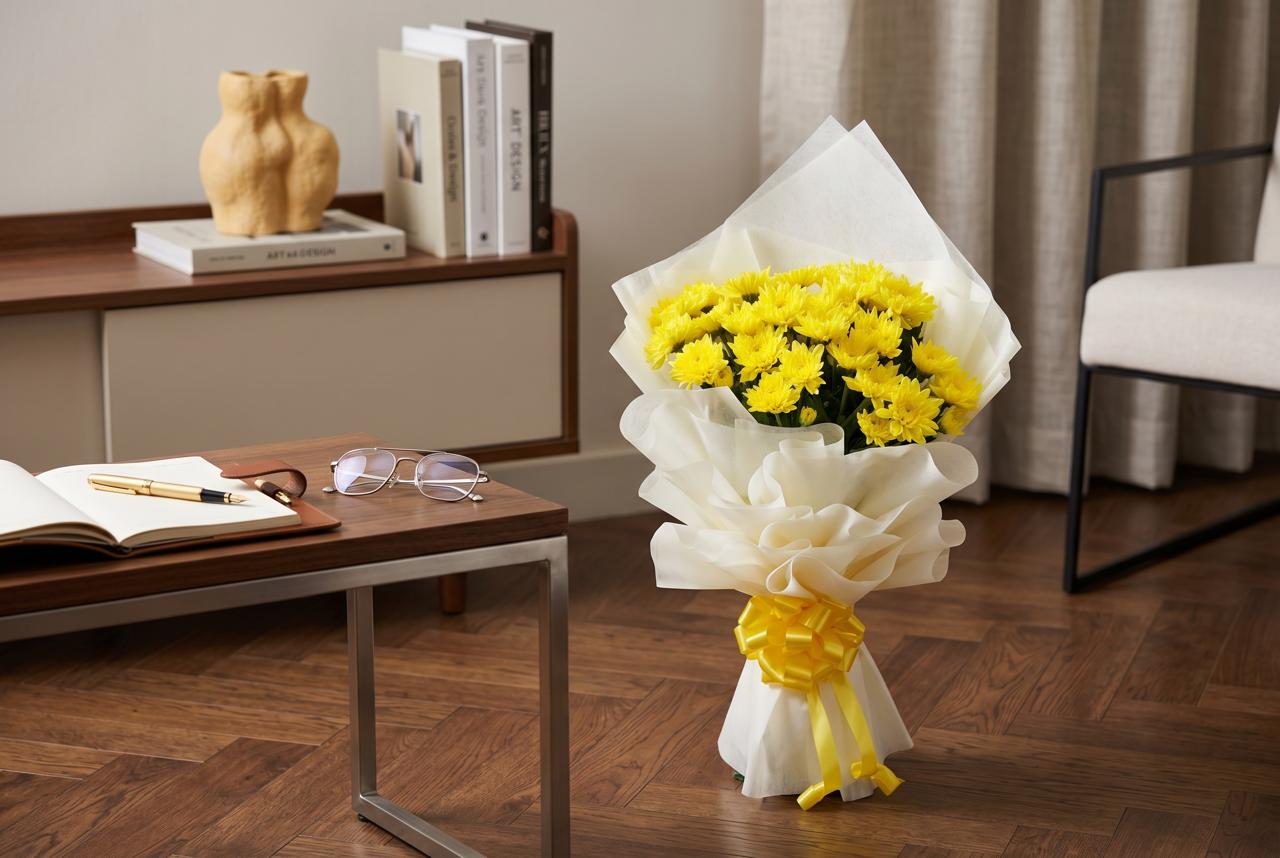 Bright Bloom - 9 Yellow Chrysanthemum Bouquet