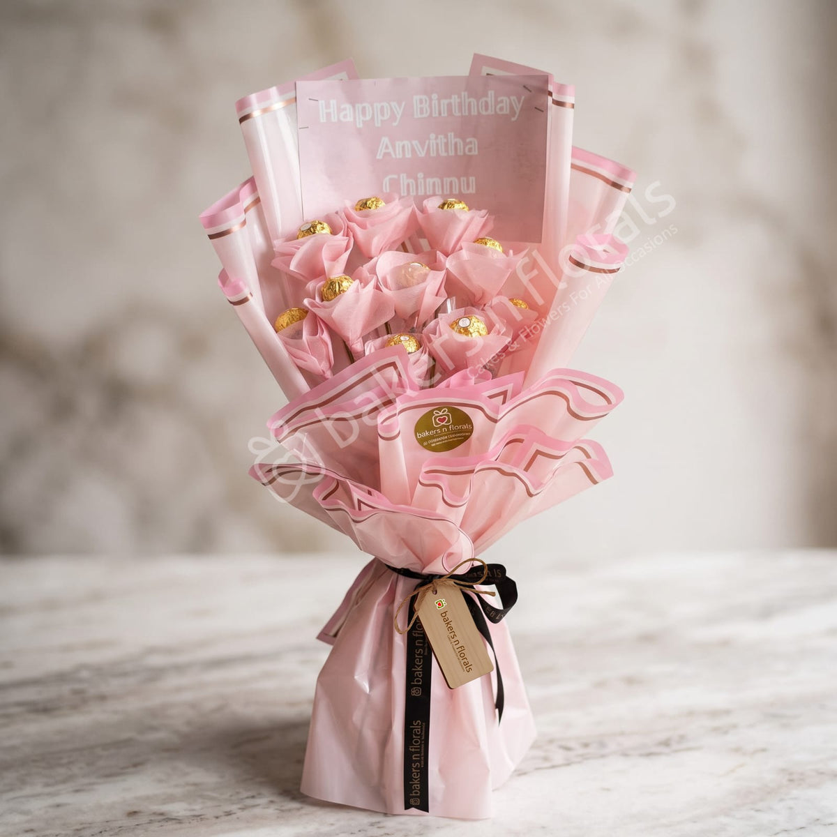 Golden Words – 12 Ferrero Rocher Bouquet with Custom Message Print
