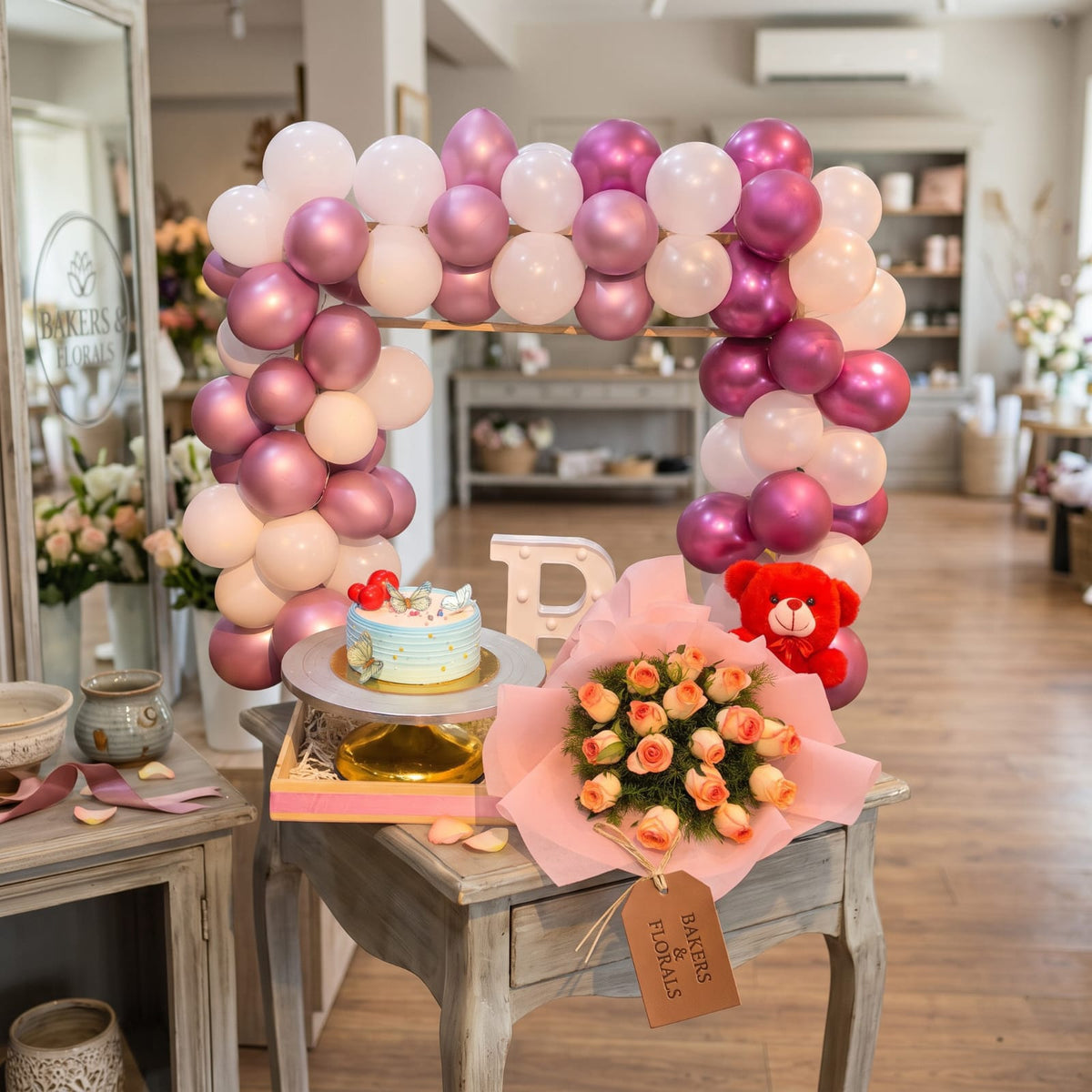 Blush Celebration – Cake, Pink Roses & Teddy Basket Arrangment