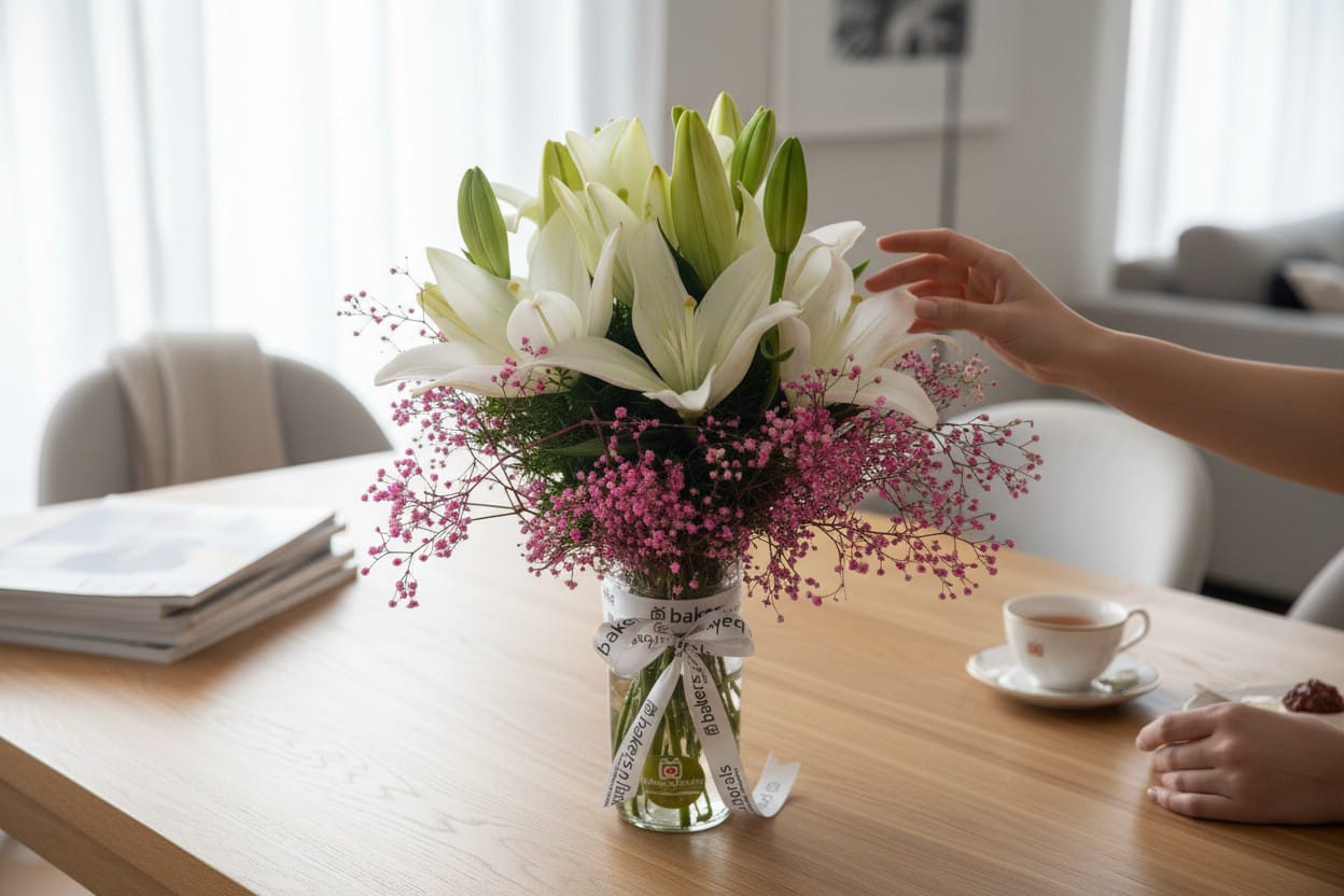 Pure Serenity - 6 White Lilies Glass Vase Arrangement