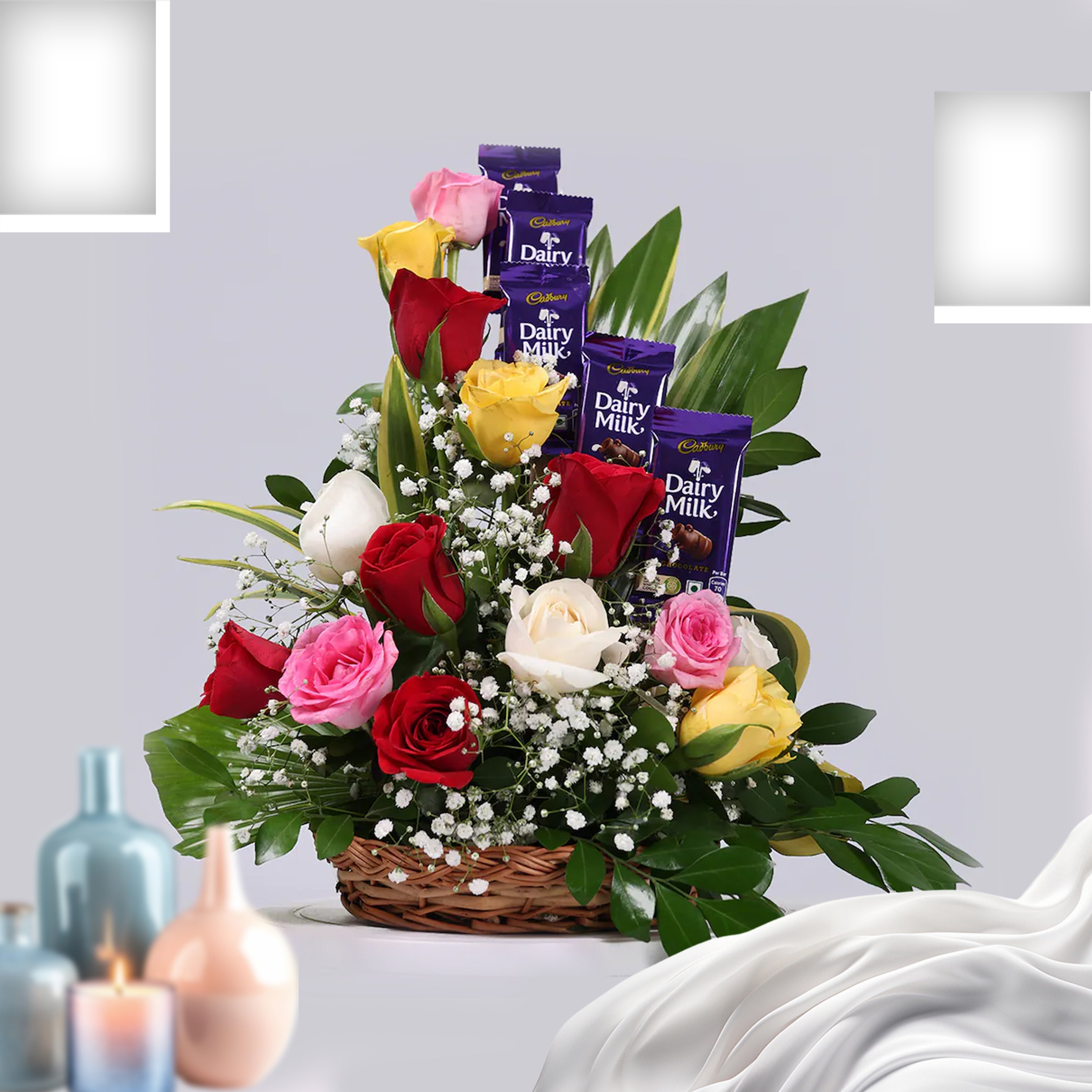 Sweet Blooms - 10 Mixed Roses with 4 Dairy Milk Basket
