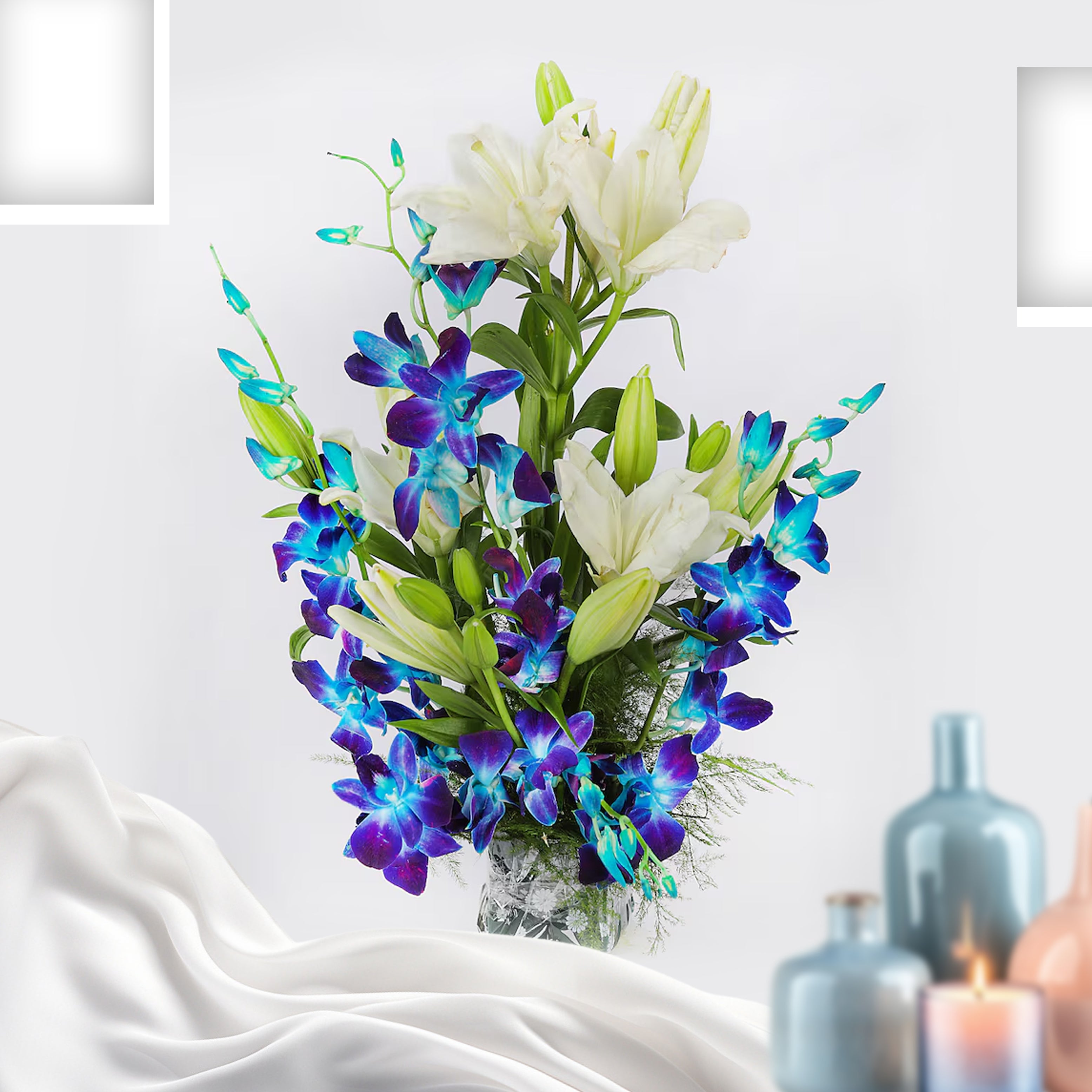 Serene Elegance - Blue Orchids with 3 White Lilies