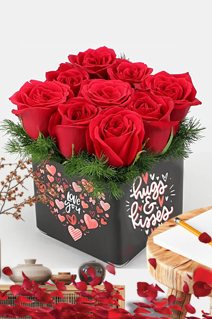 Love You - 10 Red Roses in Glass Vase
