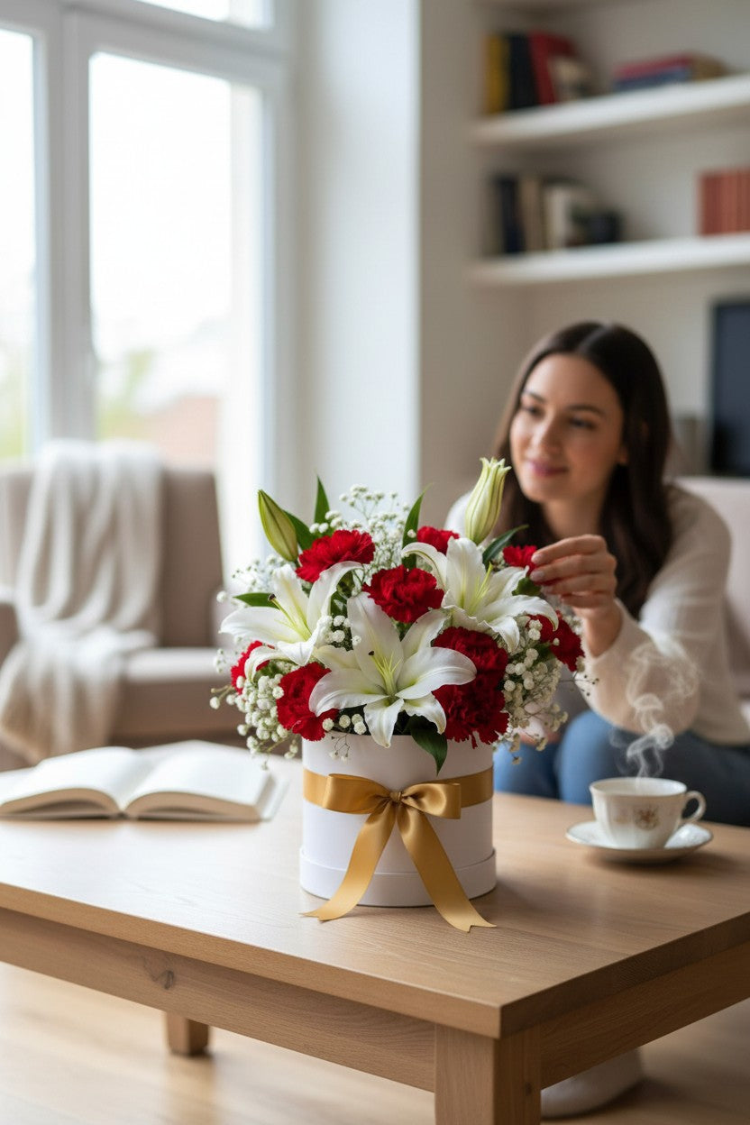 Eternal Elegance – White Lilies & Red Carnation Box Arrangement