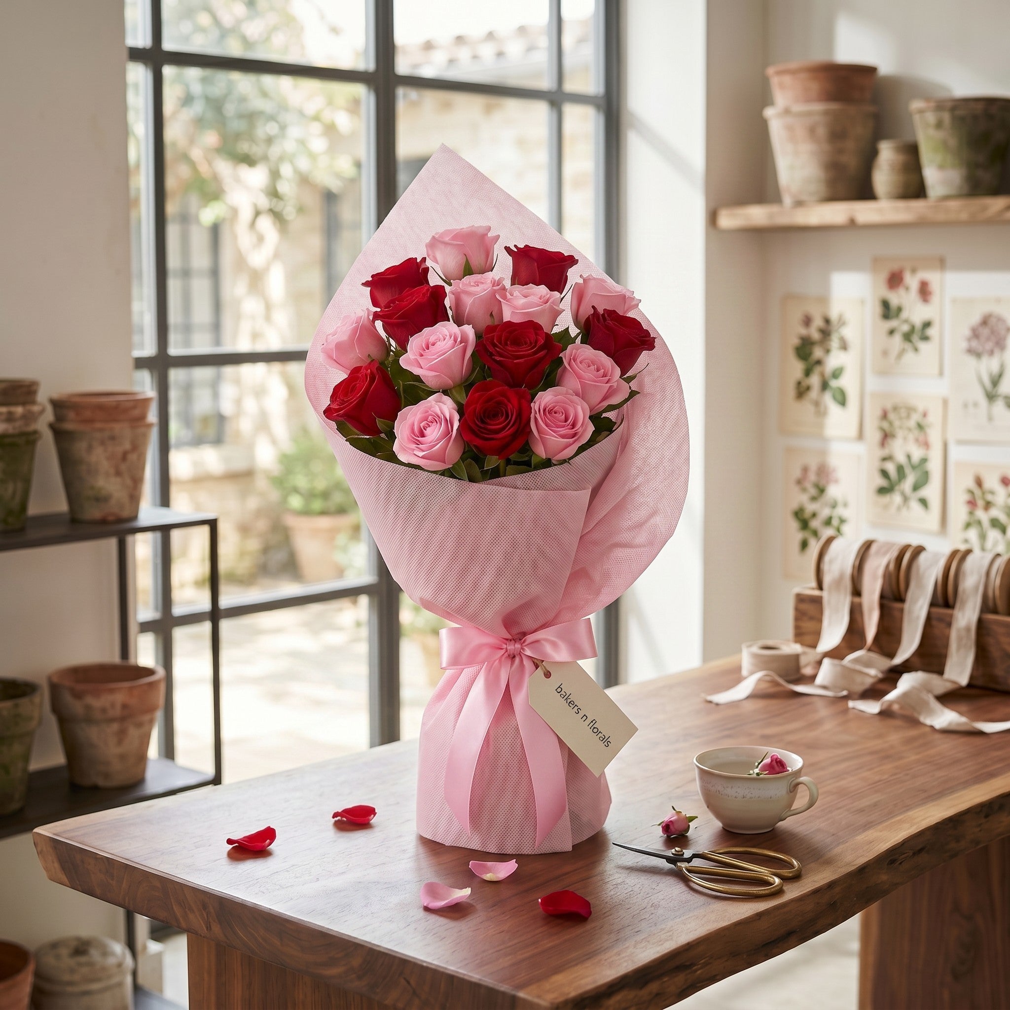 Enchanting Red and Pink Roses Bouquet