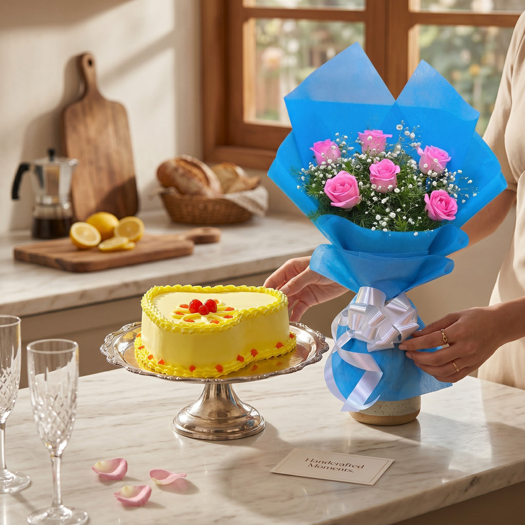 Blushing & Blissful — 6 Pink Roses & Butterscotch Heart Cake (500g)
