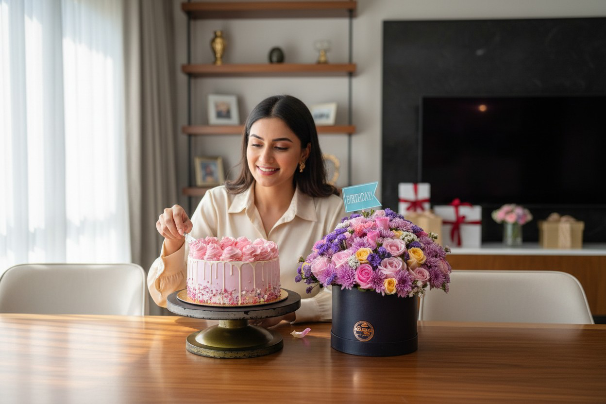 Blooms & Bites – Chocolate Cake & Flower Box Combo