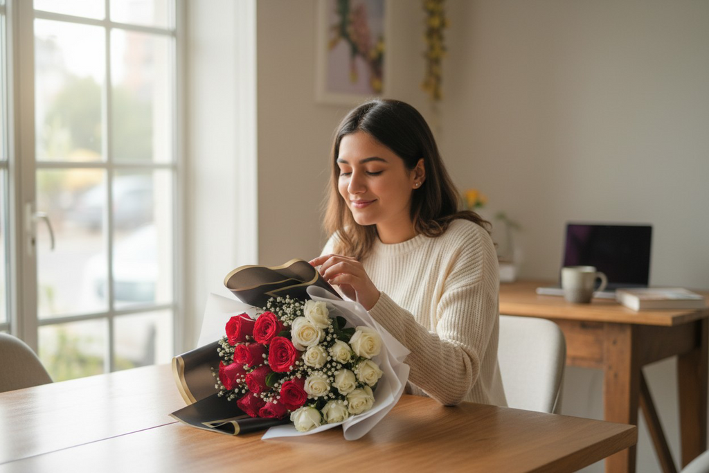 Romantic Red and White Roses Bouquet