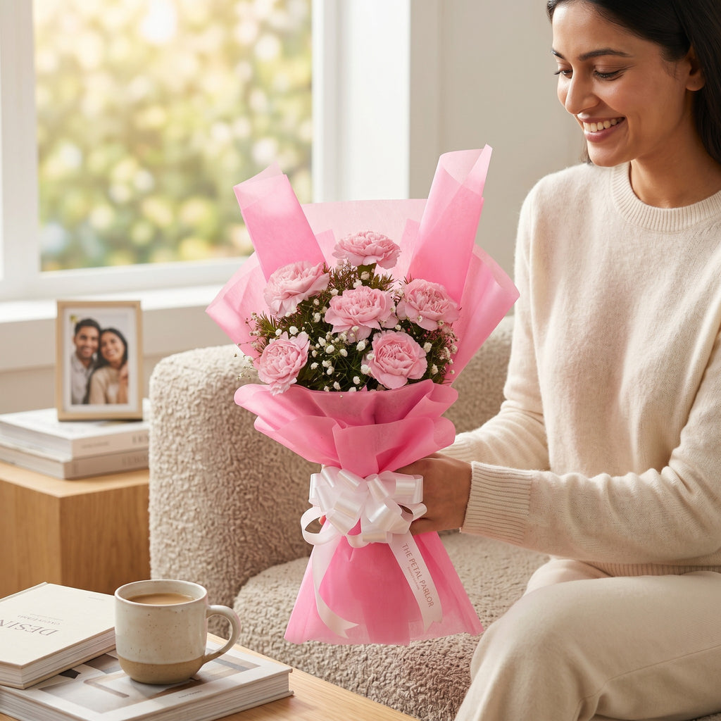 Soft Whispers — 6 Pink Carnation Bouquet