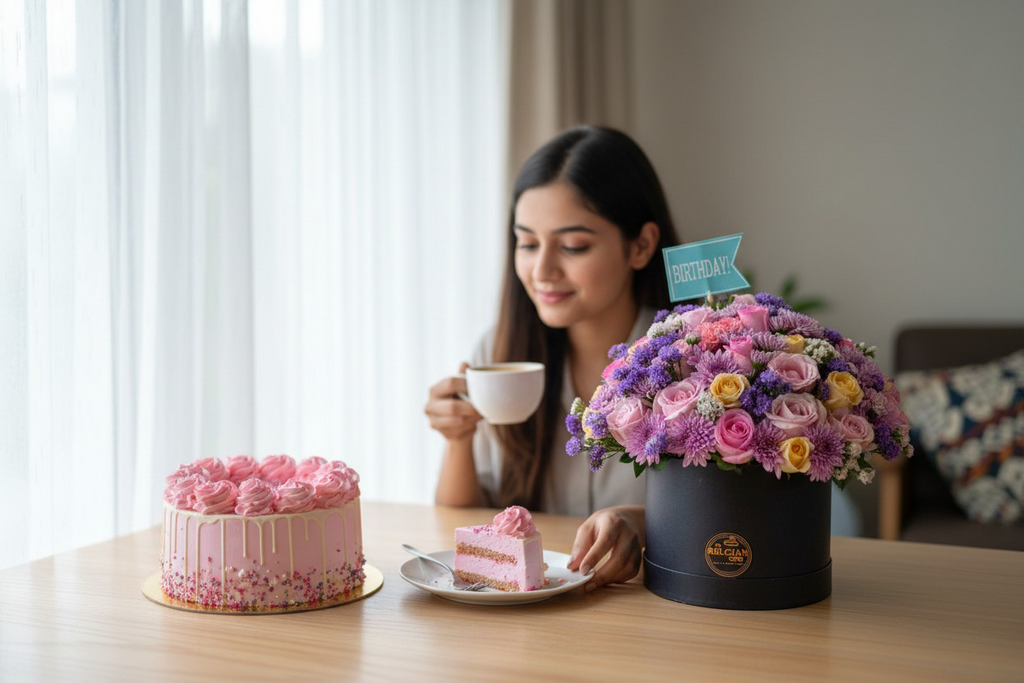 Blooms & Bites – Chocolate Cake & Flower Box Combo