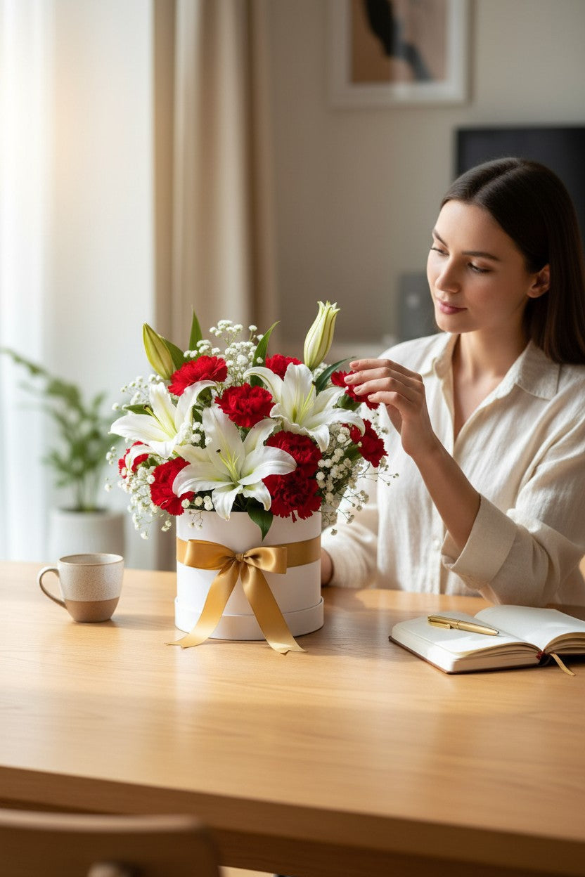 Eternal Elegance – White Lilies & Red Carnation Box Arrangement