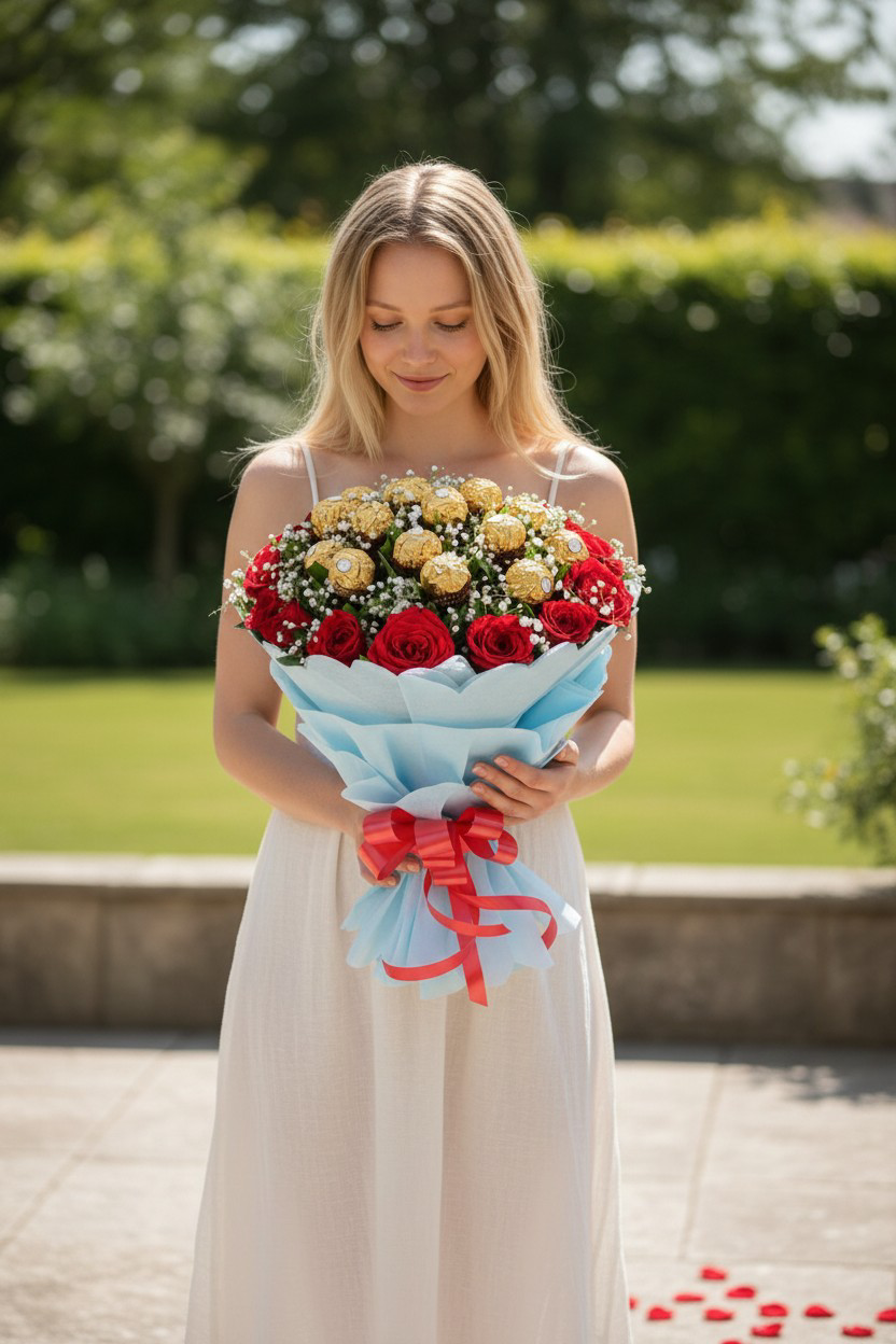 Golden Romance - 16 Red Roses with 16 Ferrero Rocher