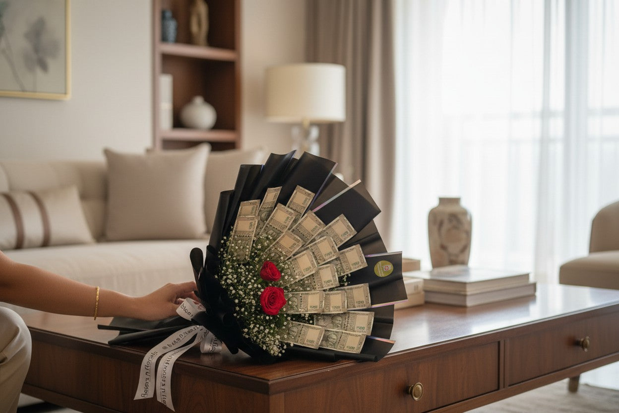 Money Bouquet with Roses - ₹500 Notes