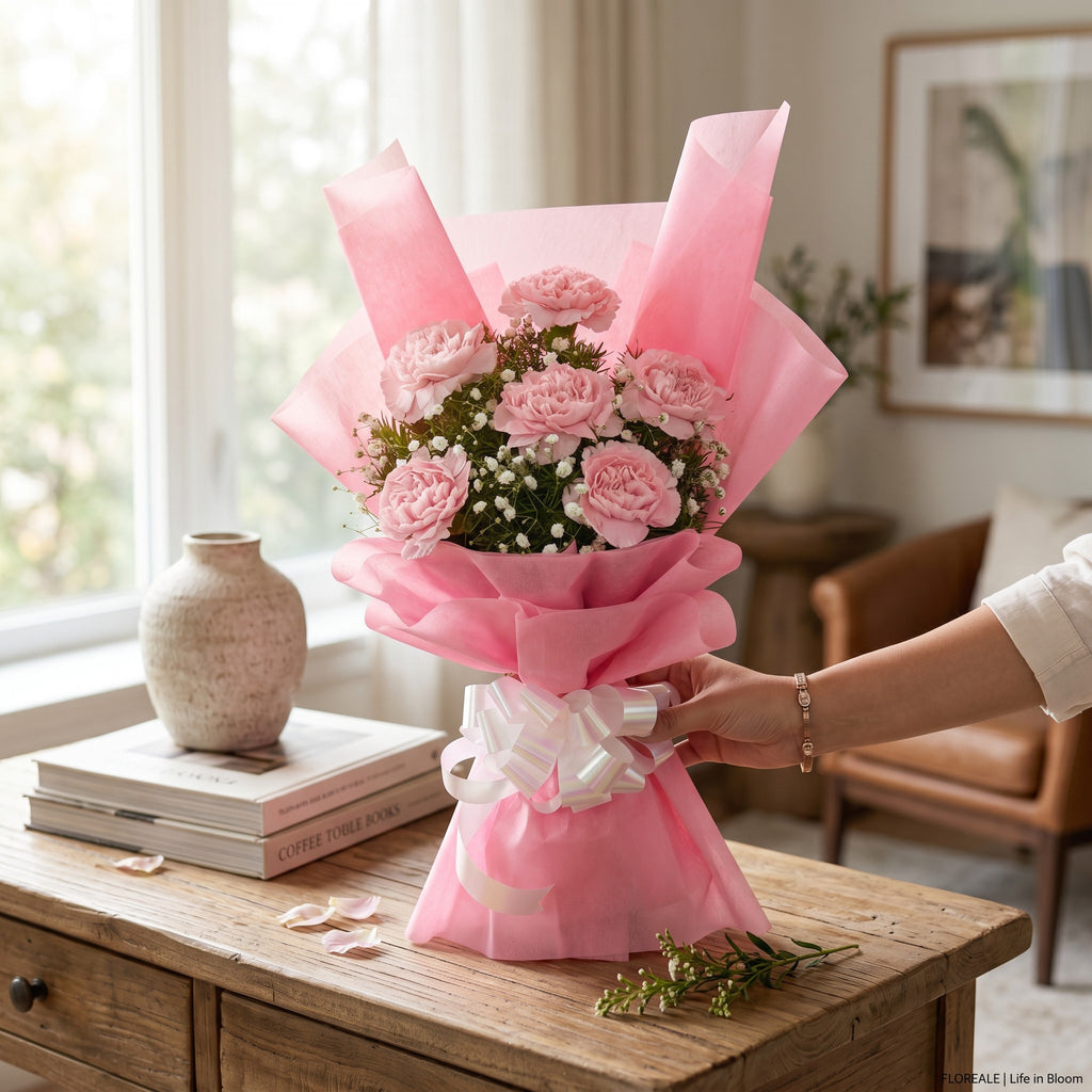 Soft Whispers — 6 Pink Carnation Bouquet