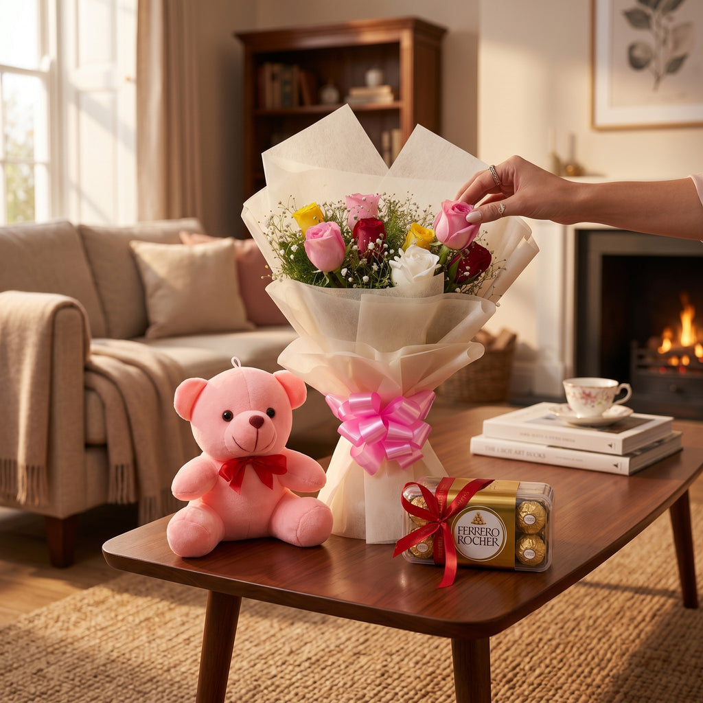 Sweet Cuddles - 8 Mixed Roses, Chocolates & Teddy