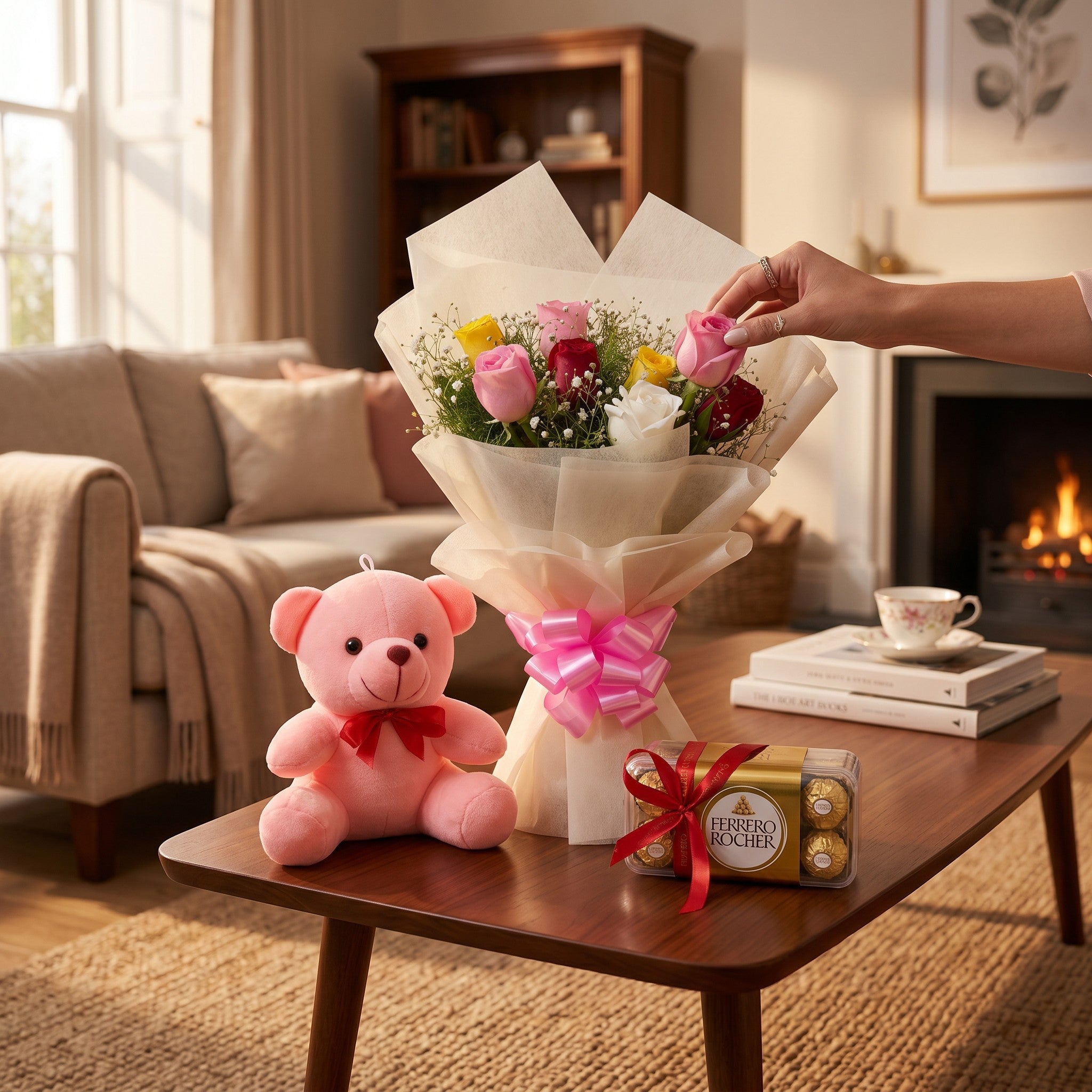 Sweet Cuddles - 8 Mixed Roses, Chocolates & Teddy