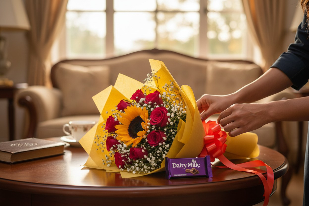 Golden Love Bouquet – Sunflower & 10 Red Roses
