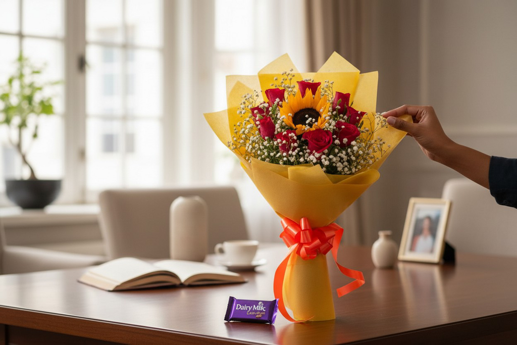 Golden Love Bouquet – Sunflower & 10 Red Roses