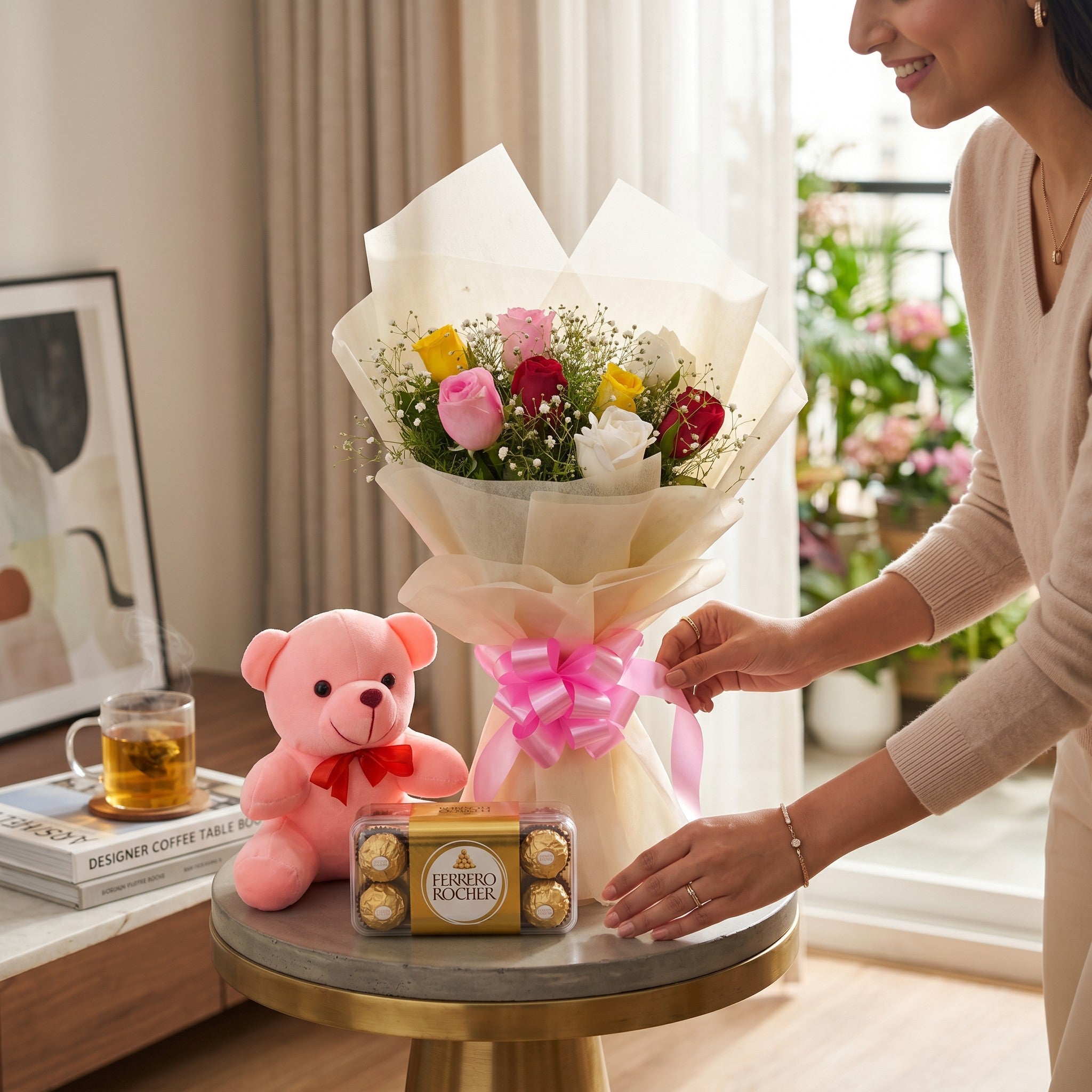 Sweet Cuddles - 8 Mixed Roses, Chocolates & Teddy