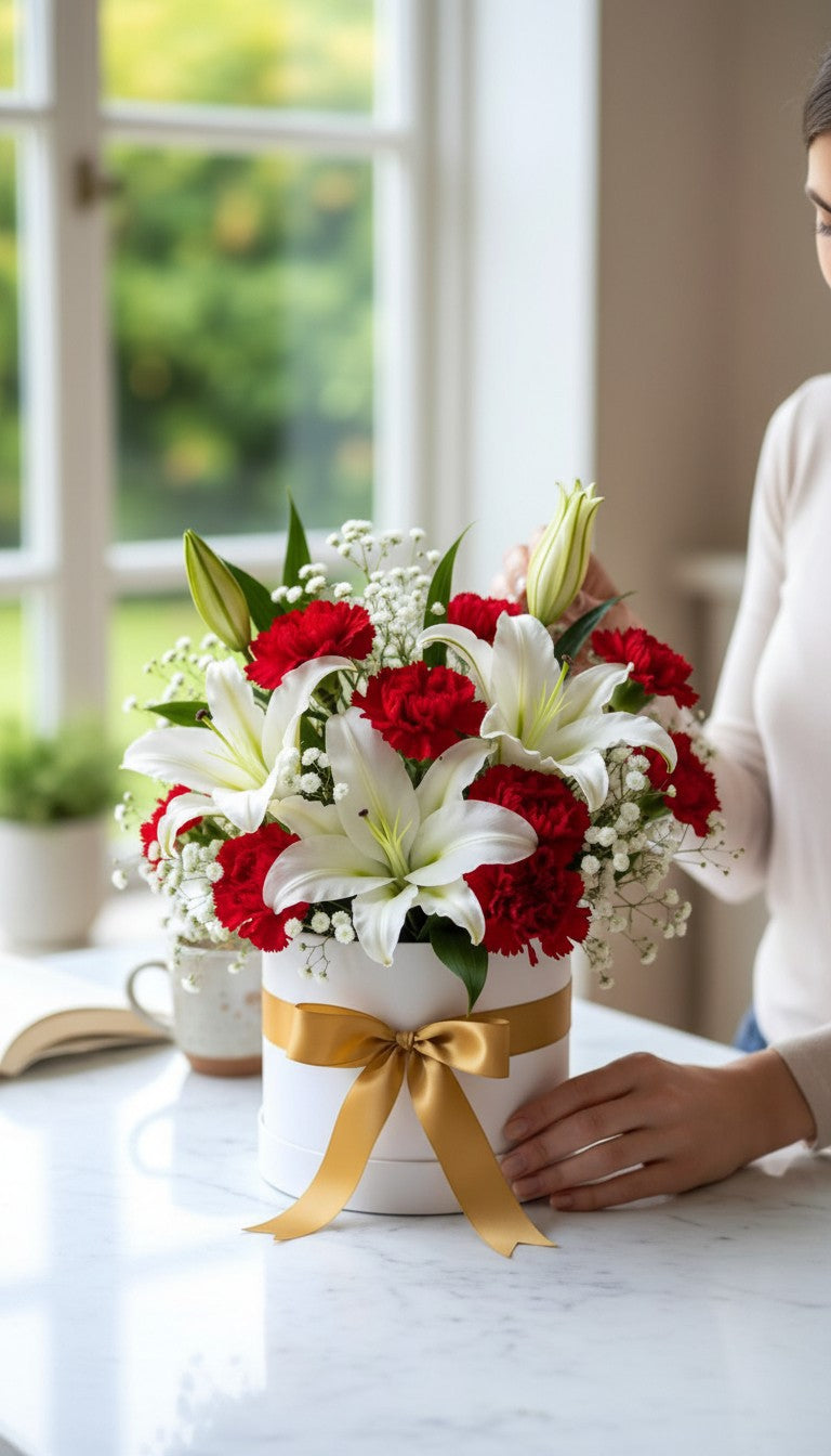 Eternal Elegance – White Lilies & Red Carnation Box Arrangement