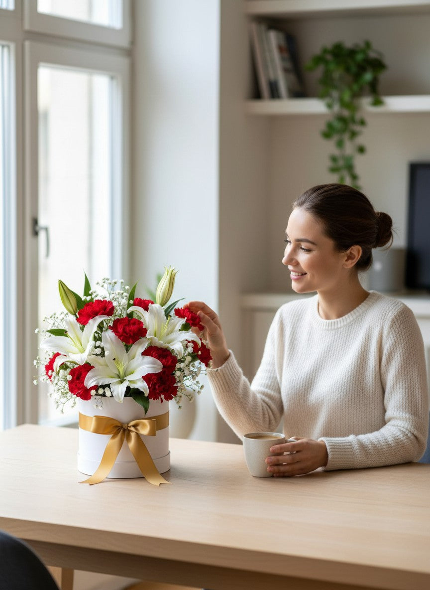 Eternal Elegance – White Lilies & Red Carnation Box Arrangement