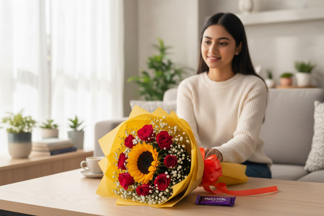 Golden Love Bouquet – Sunflower & 10 Red Roses