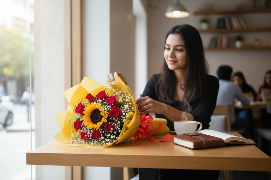 Golden Love Bouquet – Sunflower & 10 Red Roses