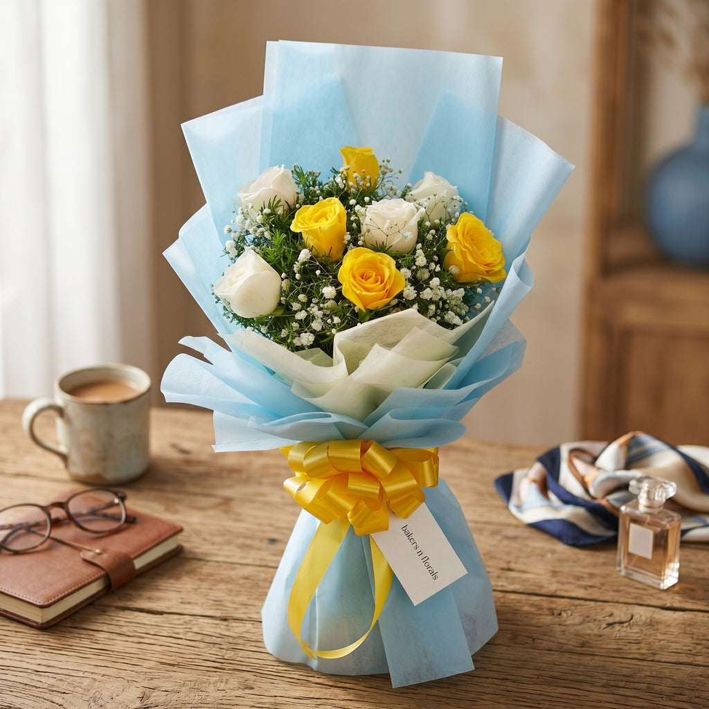 Joy & Purity - Yellow & white Roses Bouquet